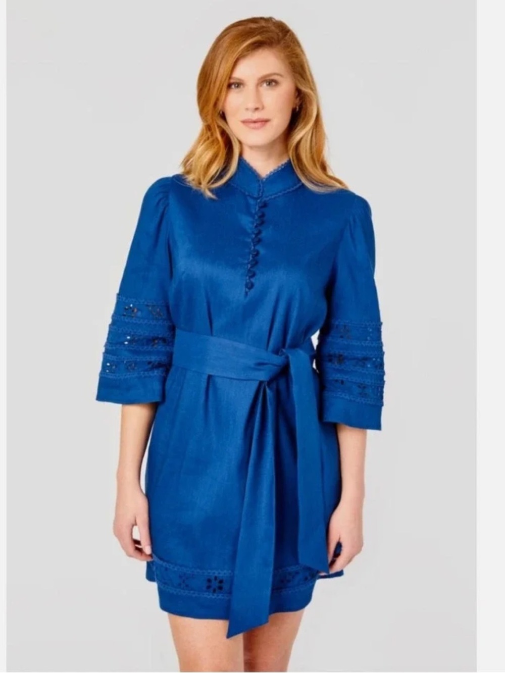 CARTOLINA NANTUCKET Belted Linen Blend Eyelet Trim Dress Navy Size Small